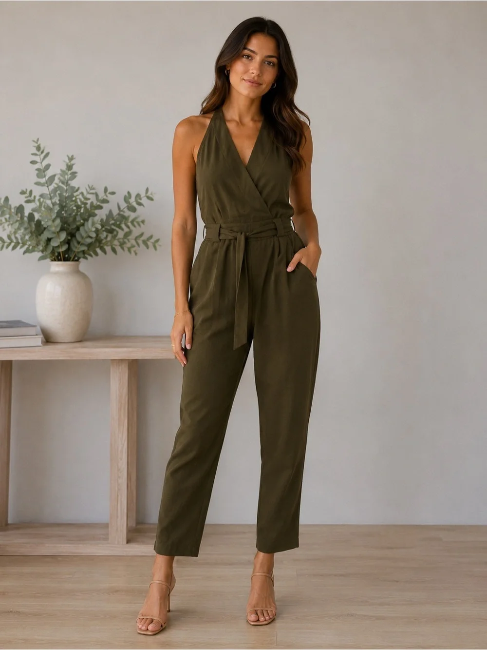 Lulus Olive Green Halter Jumpsuit Size Small Tie Waist Wide‎ Leg Pockets